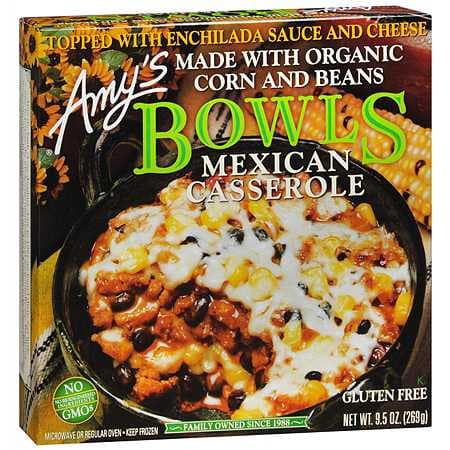 MEXICAN CASEEROLE BOWLS TOPPED WITH ENCHILADA SAUCE AND CHEESE MADE WITH ORGANIC CORN AND BEANS, MEXICAN CASSEROLE
